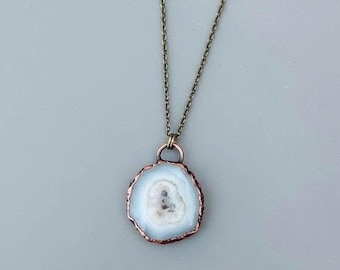 Electroformed Copper Solar Quartz Necklace: Bohemian Crystal Pendant, 18" Brass Chain