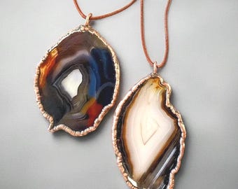 Electroformed Copper Agate Slice Necklace: Handmade Boho Pendant