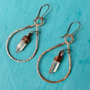 Electroformed Copper Quartz Point Earrings: Hand Hammered Bronze Hoops