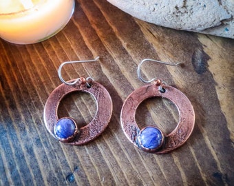 Purple Chariote Small Hoop Drop Earrings in Copper | Electroformed Crystal Earrings, Talisman Copper Jewelry, Electroformed Jewelry