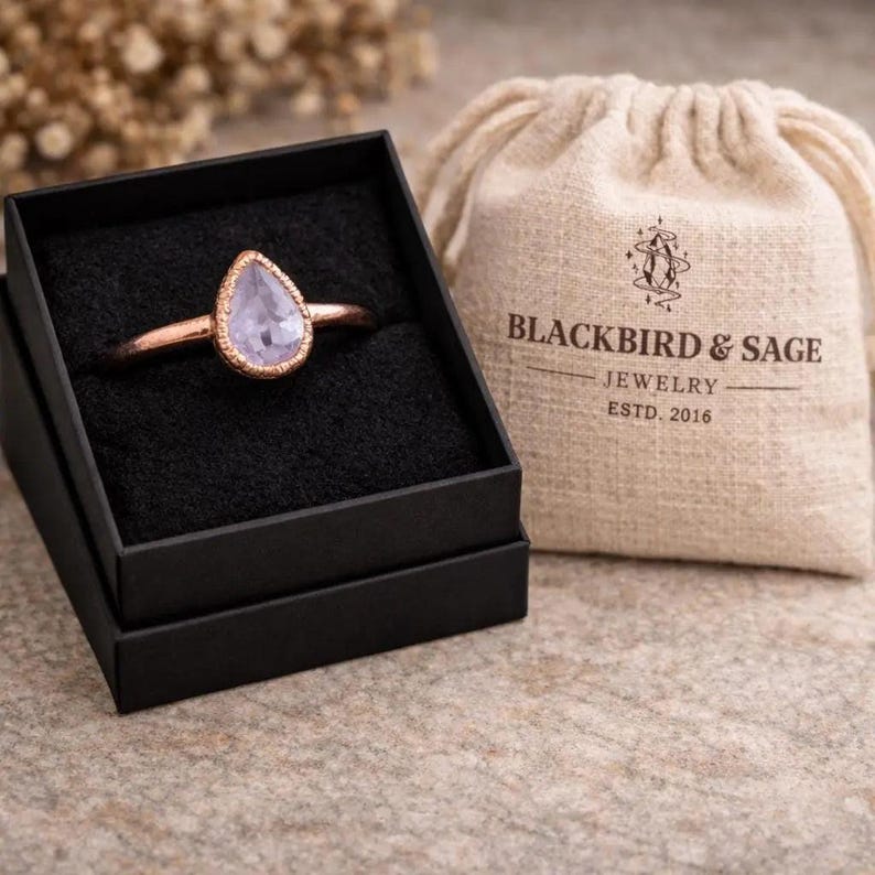 Kunzite Crescent Moon Ring: Electroformed Copper Boho Jewelry - BlackbirdSageStudio