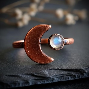 Crescent Moon Moonstone Ring | Open Bypass Band | Electroformed Copper | Made to Order