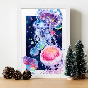 Space Jellyfish Watercolor Illustration Art Print, Aquatic Art, Ocean Watercolor