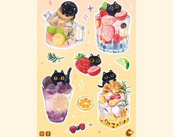 Cute Kitty Drinks Sticker Sheet | Cute for Planners, Bullet Journal, Water Bottle, Notebook, or Scrapbook | 4"X6" Sticker