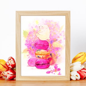 Dreamy Macaroons Polar Bear Watercolor Food Illustration, Kitchen Art Print