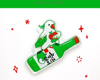 Apple Soju Korean Drink Fridge Magnet | Kawaii Bird Large Magnet | Food Magnet | Locker Magnet