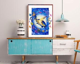 Sea Turtle Watercolor Art Print, Ocean Art Print