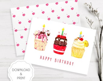 Printable Birthday card, Watercolor Cat Cupcake Cute Bday Card Instant Download, Downloadable Birthday card