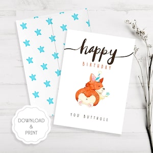 Carte d'anniversaire imprimable, aquarelle chien Corgi drôle mignon Bday carte Téléchargement instantané, carte d'anniversaire téléchargeable