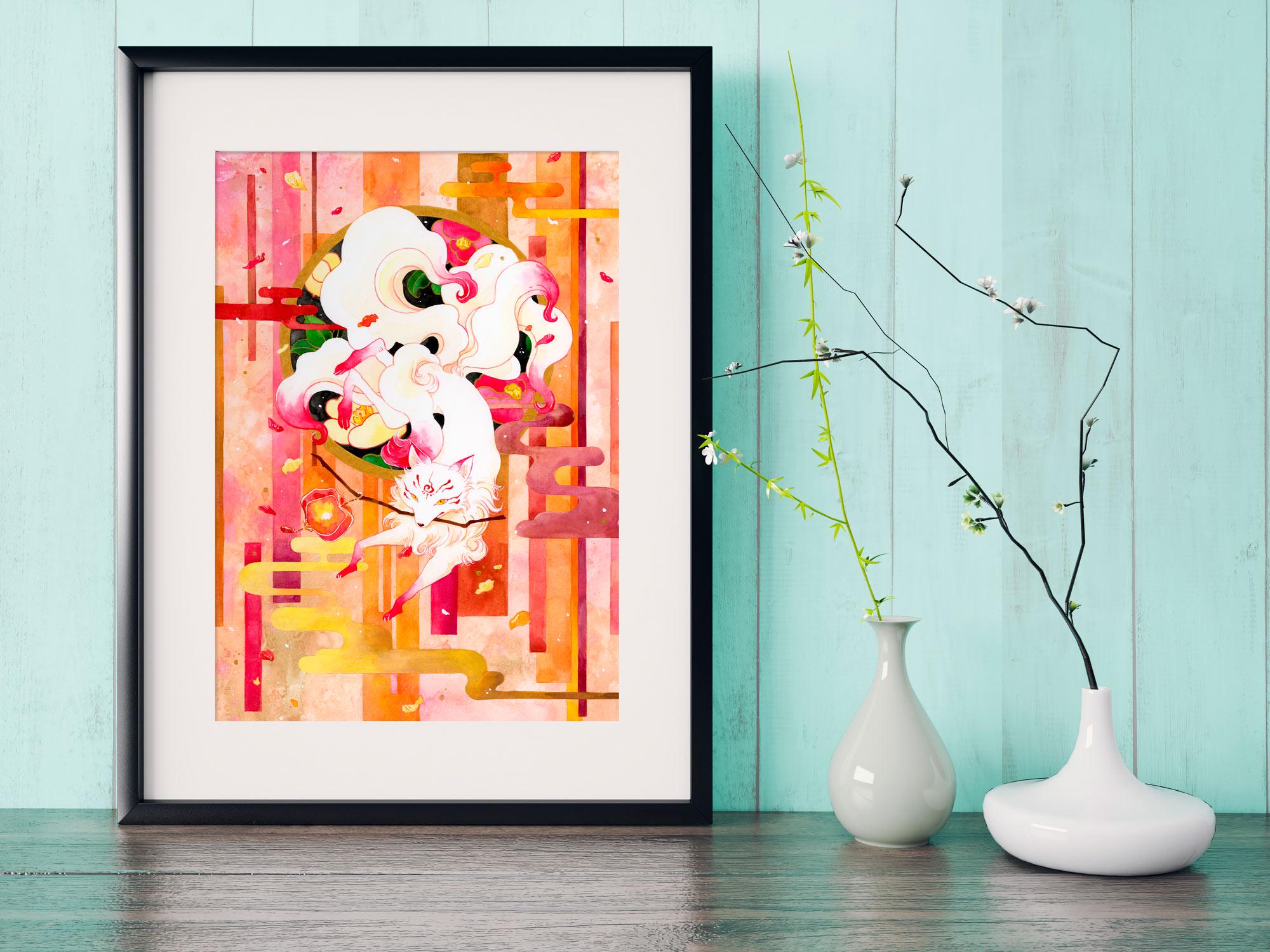 Kitsune White Fox Illustration Watercolor Painting Poster Art