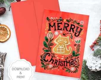 Printable Cat Gingerbread Christmas Card, Cat Christmas Card, Gingerbread Christmas Card, Christmas Greetings Card Digital Download