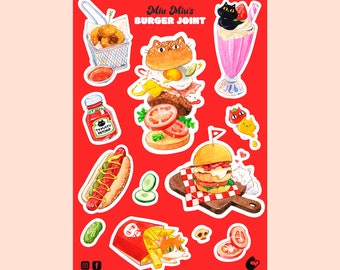 Cute Kitty Burger Joint Sticker Sheet | Cute for Planners, Bullet Journal, Water Bottle, Notebook, or Scrapbook | 4"X6" Sticker