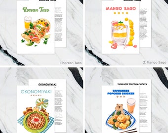 Vol.2 5"X7" Recipe Card Watercolor Art Print, Kitchen Decor, Cute Animal, Food Illustration Recipes, Asian Food Recipe