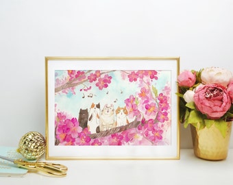 Watercolor 11"X17" Sakura La Cat Ensemble Art Print