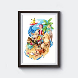 Beach Walk Watercolor Painting, Anime Fanart, Video Game Art Poster