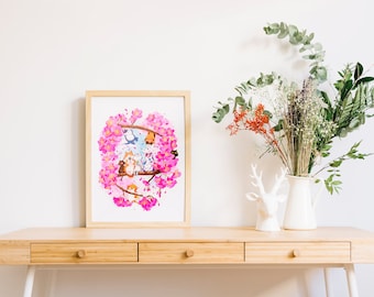 Cherry Blossom Cat Party Watercolor Art Print