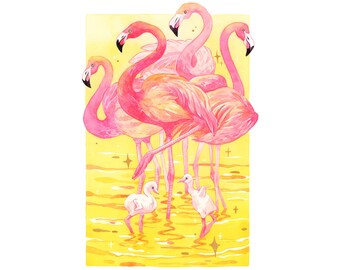 Flamingo Paradise Watercolor Art Print, Flamboyance of Pink Flamingos Watercolor Art, Bird Art Print