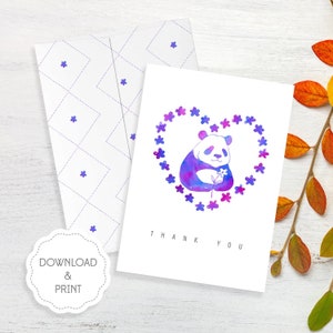 Printable Thank You card, Watercolor Purple Panda Thank you Card Instant Download, Downloadable Thank You card