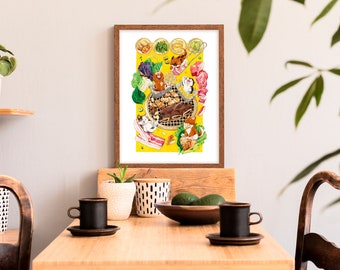 Korean Barbeque Tigers Watercolor Art Painting, Tiger Painting, Food Illustration