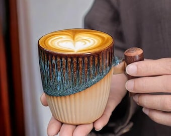 Handmade Stoneware Coffee Cup, Rustic Glaze, Wooden Handle