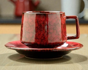 Handmade Ceramic Coffee Cup and Saucer Set, Glazed Pottery (180ml)
