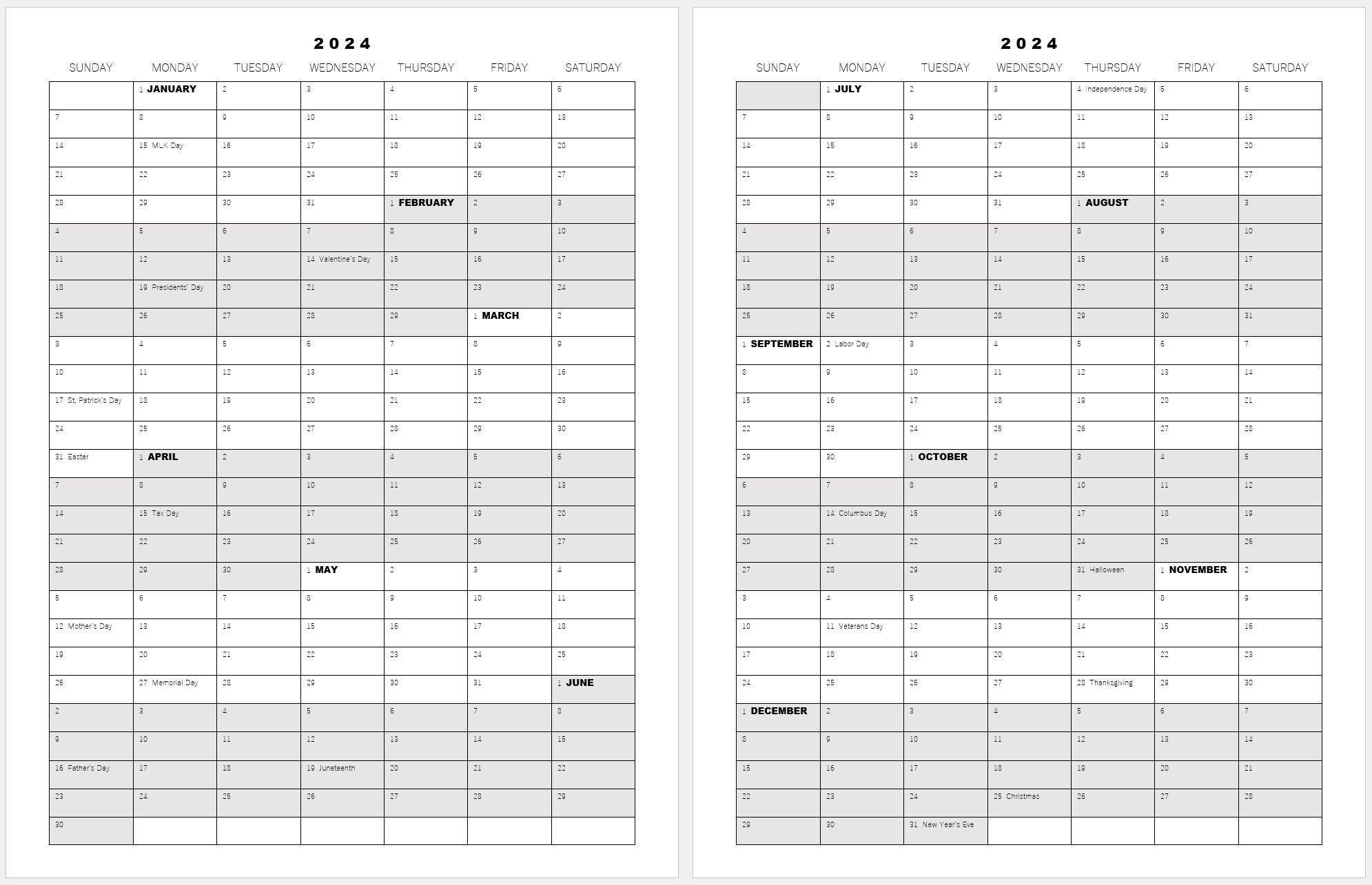 2024 Yearly Calendar Pages 2 Pg 8 5 X 11 PRINTABLE With Holidays