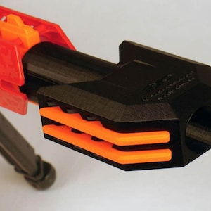 May include: A black and orange 3D printed Nerf gun barrel extension. The barrel extension has a textured surface and a small hole at the end. The text "AFS" is printed on the side of the barrel extension.
