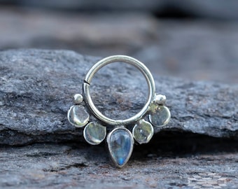 Gaia silver moon stone septum piercing ring 18G - 1mm, daith piercing, small hoop earring.