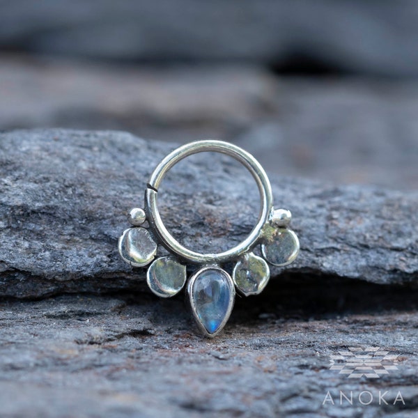 Gaia silver moon stone septum piercing ring 18G - 1mm, daith piercing, small hoop earring.