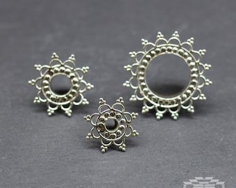 Kira sterling silver indian tribal tunnel ear plugs 4mm, 6mm - 2g , 8mm -0g, 10mm - 00g, 20 mm