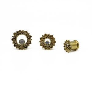 Shakti brass indian tribal tunnel ear plugs with moonstone 6mm - 2g , 8 mm , 10mm - 00g, 12 mm - 000g