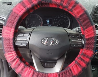 Fleece Steering Wheel Cover, Fuzzy Steering Wheel Cover, Car Steering Wheel Cover, Buffalo Plaid, Black & Red Plaid