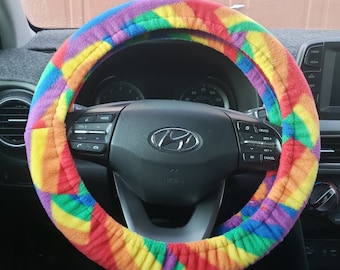 Fleece Steering Wheel Cover, Fuzzy Steering Wheel Cover, Car Steering Wheel Cover, Rainbow