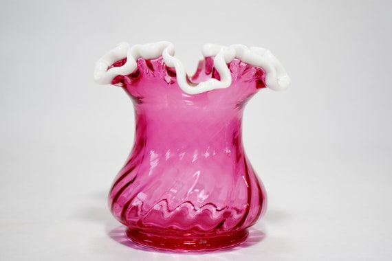 Fenton Snow Crest Cranberry Glass Vase Fluted Ruffled Rim Etsy