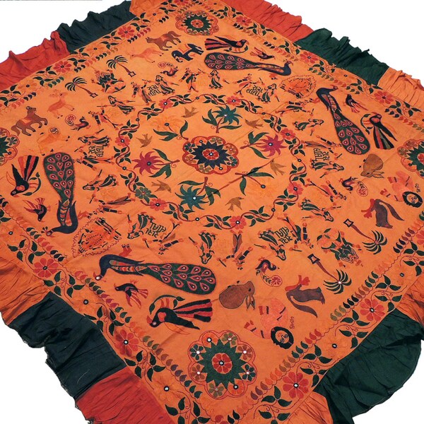 Brown Kutch Embroidery Wall Hanging Tapestry Art - Vintage Ganesha, Lakshmi, Peacocks Huge Ethnic Indian Decoration ~ 81" x 76" - NH16698
