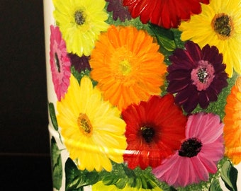 Gerbera Daisy Compost Bin with Removeable lid, Hand painted Metal Compost Container