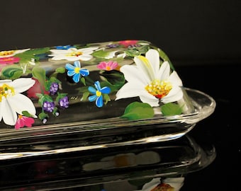 Glass Butter dish Painted Daisies and Blackberries