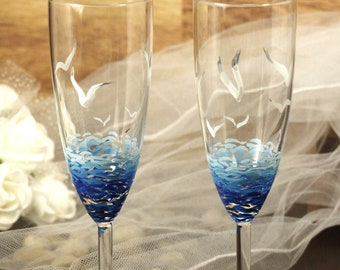 Beach Wedding painted glasses, Seagulls, Waves, Coastline, Hand Painted Glasses,