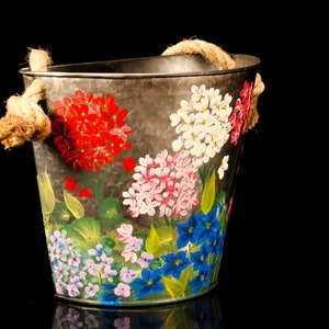 Hand Painted Flower Pot Mixed Flowers approx 12&quot; half bucket