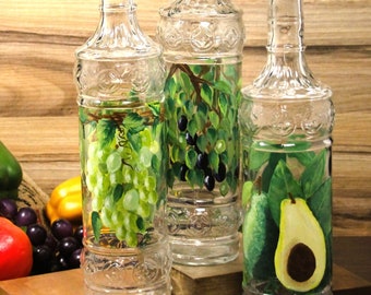 Olive Oil Bottle, Grape seed Oil, Avocado Oil, Mediterranean decor, Hand Painted