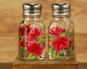 Painted  rose salt and pepper shakers,
