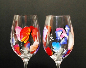 Butterflies, Transitioning, Wine Glasses, Pair, Painted Glasses,