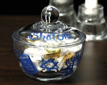 Hanukkah Candy dish, Butter bowl, sugar bowl, Rosh Hashanah Jewish Symbols, Hand Painted