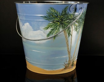 Beach scene, painted stainless bucket planter approx 12"