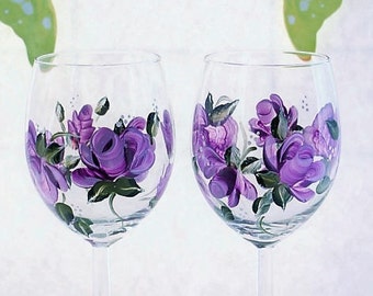 Hand Painted Wine Glasses Large Roses