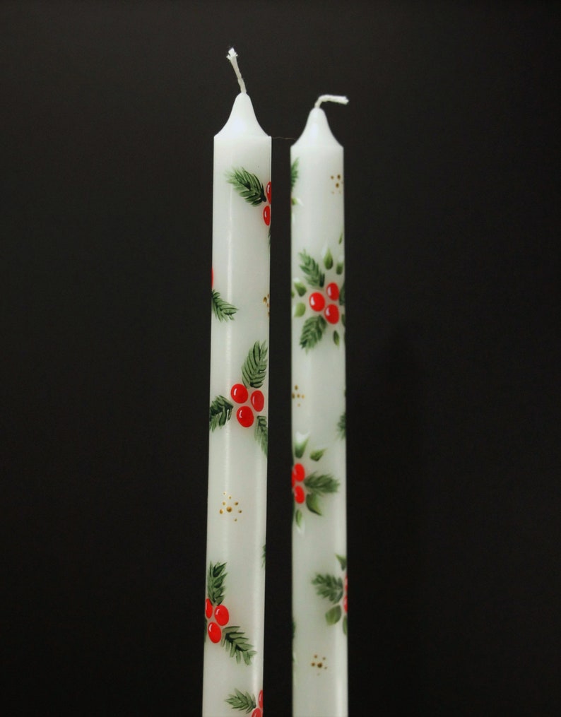 Hand Painted Christmas Taper Candle Holly and Pine | Etsy