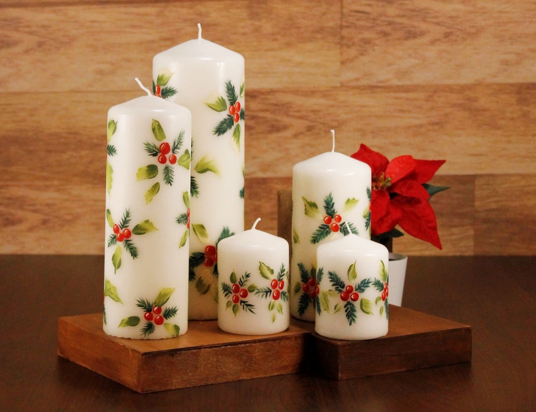 Christmas Pillar Candle, Holly Berries Candle, Hand Painted Etsy