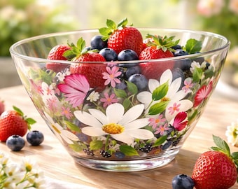 Strawberry Bowl, Serving Bowl, Strawberries and Daisies,  Glass, Hand painted
