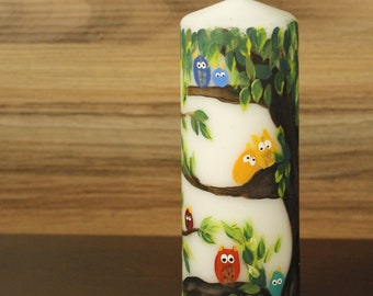 Owl candles, painted, owls in trees