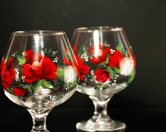 Roses, brandy snifters, pair. brandy glass, Painted